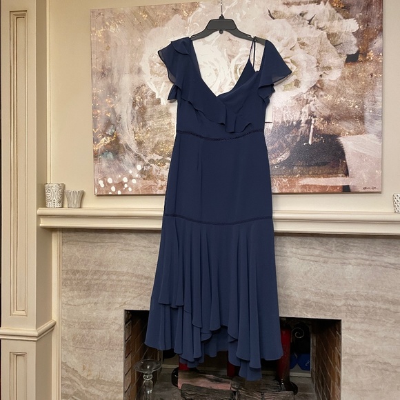 Navy blue flirty off the shoulder floaty dress - Picture 2 of 6